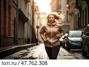 Depiction of overweight young woman running in city during autumn, highlighting concept of shedding pounds. Стоковое AI-изображение, AI-художник Данила Большаков / Фотобанк Лори