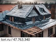 View of house under construction with red roof on waterproofing layer, created with Generative AI. Стоковое AI-изображение, AI-художник Данила Большаков / Фотобанк Лори
