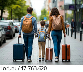 Вид сзади на путешественников с рюкзаками и чемоданами, прогуливающихся по городу после прибытия на семейный отдых. Стоковое AI-изображение, AI-художник Руслан Лесков / Фотобанк Лори