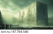 A dark and atmospheric sci-fi scene depicting a giant monolithic structure rising in the fog among rocks and people standing at its base. The painting is filled with a sense of mystery, isolation and power. A green, almost acidic light penetrates the fog, creating a post-apocalyptic mood. The image is ideal for futurism, cyberpunk, dystopia, technology and conceptual art themes. Стоковое AI-изображение, AI-художник Анна Кривицкая / Фотобанк Лори