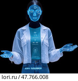Женщина голограмма в белом лабораторном халате. Стоковое AI-изображение, AI-художник Ярославский Максим / Фотобанк Лори