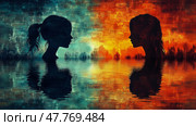 Two silhouetted figures emerge from the water, surrounded by vibrant contrasting colors of sunset, hinting at deep emotions and connections. Стоковое AI-изображение, AI-художник Данила Большаков / Фотобанк Лори