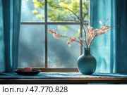 A cozy window scene with spring morning light. On the windowsill or wooden surface there is a blue ceramic vase with branches of blossoming sakura or decorative cherry blossoms. Next to it is a saucer with a small pink candle. The background is translucent blue curtains and a window, behind which you can see a blurred green garden. Warm light penetrates through the glass, creating a feeling of peace, harmony and comfort. An ideal image for interior design themes, spring, home comfort, minimalism and zen aesthetics. Стоковое AI-изображение, AI-художник Анна Кривицкая / Фотобанк Лори