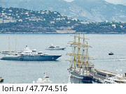 Monaco, Monaco Ville, Monte-Carlo, 2015.09.04: Four-masted barque ship, the Russian training ship is in the port of Hercules in Monaco, in the program of the Year of Russia in Monaco, sunny day. Редакционное фото, фотограф Vladimir Drozdin / Фотобанк Лори