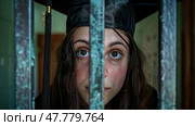 A woman wearing a graduation cap, peering through metal bars. Стоковое AI-изображение, AI-художник Данила Большаков / Фотобанк Лори