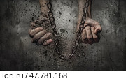 A pair of hands with chains hanging from them, symbolizing captivity or restraint. Стоковое AI-изображение, AI-художник Данила Большаков / Фотобанк Лори