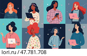 Group of Women of Different Ethnicities Interacting With Devices in a Vibrant, Modern Setting. Стоковое AI-изображение, AI-художник Sergey Grishin / Фотобанк Лори