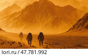 Group of individuals trekking through a vast desert landscape, carrying supplies and navigating the harsh environment. Стоковое AI-изображение, AI-художник Данила Большаков / Фотобанк Лори