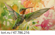 A hummingbird soars through the air, wings spread wide in elegant flight. Стоковое AI-изображение, AI-художник Данила Большаков / Фотобанк Лори