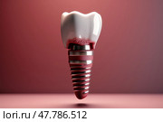 A detailed representation of a dental implant, showing the metal post, abutment, and crown resembling a human tooth. Стоковое AI-изображение, AI-художник Данила Большаков / Фотобанк Лори