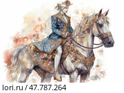 An elegant watercolor illustration of a horsewoman in exquisite period costume, sitting on a horse decorated with flowers. The entire composition is done in a delicate palette of pastel shades - pink, peach, blue and gold. The detail of the costume, floral patterns and harness emphasize the richness and grace of the scene. The illustration exudes sophistication, gentility and a fairy-tale atmosphere. Perfect for themes of fashion history, aristocracy, romanticism, fantasy and classical art. Стоковое AI-изображение, AI-художник Анна Кривицкая / Фотобанк Лори