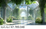 Lush greenery fills a sunlit conservatory with tropical plants and serene water features during a tranquil morning. Стоковое AI-изображение, AI-художник Михаил Коханчиков / Фотобанк Лори