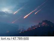 A group of missiles flying high in the sky. Группа ракет, летящих высоко в небе. Стоковое AI-изображение, AI-художник Katsiaryna Repich / Фотобанк Лори