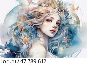 Watercolor illustration of a mythological girl with long silver hair decorated with flowers, leaves and stars. Her image is surrounded by soft waves of color - from sky blue to golden beige, which creates a feeling of etherealness, silence and mystery. The female image combines natural beauty, harmony and fantastic magic. The illustration is ideal for the themes of art, fantasy, astrology, natural elements, femininity and dreams. Стоковое AI-изображение, AI-художник Анна Кривицкая / Фотобанк Лори