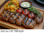 A mouthwatering image of a platter of juicy grilled meat served on a wooden board. In the foreground are crisp, crispy slices of meat medallions with bold grill marks, topped with a glossy glaze and garnished with fresh rosemary. Next to them are roasted tomatoes and golden, herbed potatoes, and in the background is a small bowl of yogurt-herb sauce. The warm, cozy presentation of the dish would be perfect for food blogs, restaurant menus, barbecue ads or food publications. Стоковое AI-изображение, AI-художник Анна Кривицкая / Фотобанк Лори