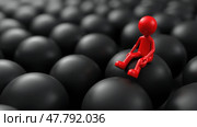 A Red Figure is Perched on Top of a Cluster of Black Spheres, Representing the Challenge of Identifying Insider Threats. Стоковое AI-изображение, AI-художник Sergey Grishin / Фотобанк Лори