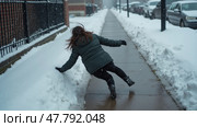Woman Slips on Icy Sidewalk in Winter, Arms Flailing, Snow Everywhere-highlighting Winter Safety and Urban Design. Стоковое AI-изображение, AI-художник Sergey Grishin / Фотобанк Лори