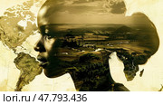 African womans face in close-up, with a map of the world in the background. The womans features are clear against the intricate details of the map. Стоковое AI-изображение, AI-художник Данила Большаков / Фотобанк Лори