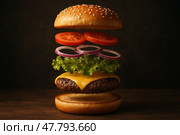 Deconstructed Cheeseburger Floating Mid-Air in Perfect Layers. Стоковое AI-изображение, AI-художник Максим Гребешков / Фотобанк Лори