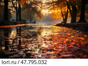 Suns rays penetrate through the dense tree cover, casting a warm glow over the tranquil water below. Стоковое AI-изображение, AI-художник Данила Большаков / Фотобанк Лори