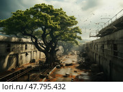 Tree stands tall in the center of a grimy urban street, surrounded by litter and debris. Стоковое AI-изображение, AI-художник Данила Большаков / Фотобанк Лори