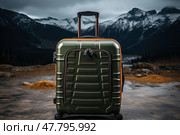 Single piece of luggage is seen sitting on top of dirt field. Стоковое AI-изображение, AI-художник Данила Большаков / Фотобанк Лори