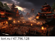 Screenshot capturing the bustling streets and brightly lit skyscrapers of Chinese city at night. Cityscape is illuminated by colorful lights, with traffic and people moving through city. Стоковое AI-изображение, AI-художник Данила Большаков / Фотобанк Лори