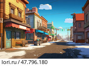 Vibrant city street scene with tall buildings and a bench in the foreground. Animated characters walk along the sidewalks, adding life to the urban setting. Стоковое AI-изображение, AI-художник Данила Большаков / Фотобанк Лори