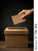 A hand carefully deposits a ballot into a cardboard box, symbolizing civic engagement during a night voting event. Стоковое AI-изображение, AI-художник Данила Большаков / Фотобанк Лори
