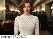 Elegance Defined: woman exuding classic elegance and confidence, as she stands poised among a crowd of sharply dressed individuals in what appears to be a luxurious, timeless setting. Стоковое AI-изображение, AI-художник Данила Большаков / Фотобанк Лори
