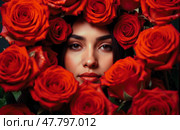 Charming young woman with flawless skin looking at camera framed by red blooming roses, floral background, gentle expression, romantic setting, artistic composition. Стоковое AI-изображение, AI-художник Павел Муравьев / Фотобанк Лори