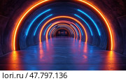 A striking tunnel adorned with blue and orange neon lights creates an energetic atmosphere in an underground passageway. Стоковое AI-изображение, AI-художник Данила Большаков / Фотобанк Лори
