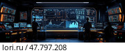 Analysts are focused on data visualization screens, interpreting trends and making decisions in a high-tech control room late at night. Стоковое AI-изображение, AI-художник Данила Большаков / Фотобанк Лори