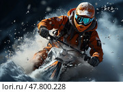 Person outfitted in vivid orange snowmobiling attire is briskly maneuvering a snowmobile on snowy terrain, kicking up trail of fresh powder. Стоковое AI-изображение, AI-художник Данила Большаков / Фотобанк Лори