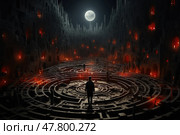 Lone man stands confidently in front of massive maze, looking determined as he prepares to navigate through complex pathways. Стоковое AI-изображение, AI-художник Данила Большаков / Фотобанк Лори