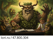 Painting depicting a troll standing amidst a group of menacing monsters at green forest, showcasing scene of confrontation and danger. Стоковое AI-изображение, AI-художник Данила Большаков / Фотобанк Лори