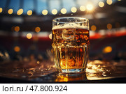 Glass filled with beer is seen resting on top of a wooden table at stadium. Стоковое AI-изображение, AI-художник Данила Большаков / Фотобанк Лори
