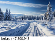 Snow-covered road winds through dense forest, surrounded by towering trees and blanket of white snow. Стоковое AI-изображение, AI-художник Данила Большаков / Фотобанк Лори