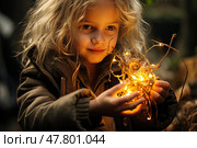 Young girl holding a bright, illuminated object in her hands, with a look of curiosity and wonder on her face. Стоковое AI-изображение, AI-художник Данила Большаков / Фотобанк Лори