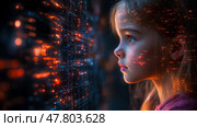Young girl looks out at a window filled with colorful digital lights in a bustling city at dusk, reflecting her wonder and curiosity. Стоковое AI-изображение, AI-художник Данила Большаков / Фотобанк Лори