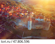 Aerial view of Chateauneuf with fortress at dusk, France. Стоковое фото, фотограф Яков Филимонов / Фотобанк Лори