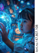 A girl curiously touches a robotic arm surrounded by vibrant lights in a modern lab filled with technology. Стоковое AI-изображение, AI-художник Данила Большаков / Фотобанк Лори