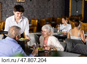 Restaurateur guy serves customers elderly spouses plate with dinner order. Стоковое фото, фотограф Яков Филимонов / Фотобанк Лори