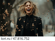 Happy woman with her mouth open, standing in the middle of a park surrounded by trees and grass. Стоковое AI-изображение, AI-художник Данила Большаков / Фотобанк Лори