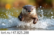 An otter joyfully jumps through splashing water, showcasing its playful nature in a vibrant natural environment on a sunny day. Стоковое AI-изображение, AI-художник Данила Большаков / Фотобанк Лори
