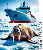 A atomic icebreaker in the Arctic ice. In the foreground, a huge walrus lies on the ice. Стоковое AI-изображение, AI-художник Сергей Елизарьев / Фотобанк Лори