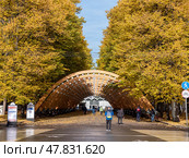 MOSCOW, RUSSIA - MAY 7, 2022 Sokolniki park, sunny autumn day wooden arch. Стоковое фото, фотограф Фотограф / Фотобанк Лори