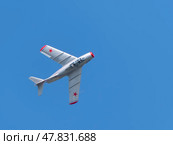 Moscow Russia Zhukovsky Airfield 31 August 2019: Demonstration of the Russian MiG-15UTI 1120 (Fagot) the international aerospace salon MAKS-2019. Стоковое фото, фотограф Фотограф / Фотобанк Лори