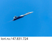 Moscow Russia Zhukovsky Airfield 25 July 2021: Demonstration of the latest Russian SU-57 fighterof the international aerospace salon MAKS-2021 (2019 год). Стоковое фото, фотограф Фотограф / Фотобанк Лори