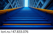 Colorful blue stairs ascend between towering structures in a cityscape, inviting viewers to explore upward into the bright sky. Стоковое AI-изображение, AI-художник Данила Большаков / Фотобанк Лори